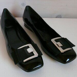 Stuart Weitzman Black Patent Leather Slip On Large Buckle Flats Sz 37 US 6.5